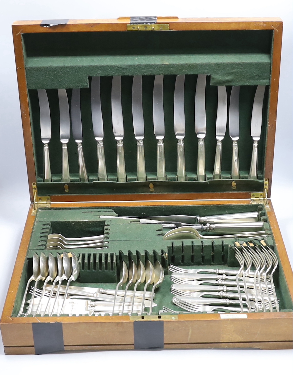 A part canteen of Elizabeth II silver cutlery for six by Gee & Holmes, comprising six each of the following, fish knives and forks, table and dessert forks, soup spoons, silver handled table and dessert knives, together